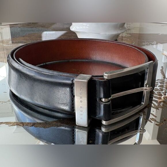 Hugo Boss Men’s Black Leather Belt Silver Buckle 105/40 Made in Germany - Picture 1 of 3